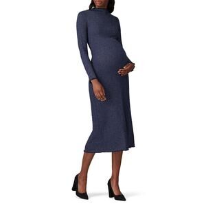 Rachel Pally Navy Metallic Ribbed Mara Maternity Long Sleeve Midi Dress Size S